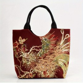 Ethnic Style Sequins Tote Bag, Peacock Embroidery Handbags, Vintage Canvas Crossbody Bag