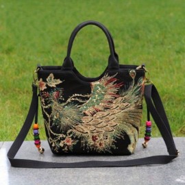 Ethnic Style Sequins Tote Bag, Peacock Embroidery Handbags, Vintage Canvas Crossbody Bag