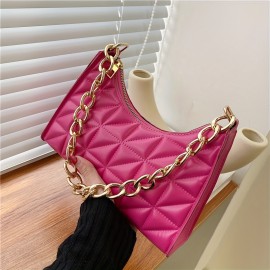 Trendy Argyle Quilted Shoulder Bag, PU Leather Solid Color Chain Handle Bag, Perfect Underarm Bag For Daily Use