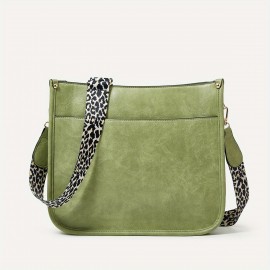 Leopard Print Straps Crossbody Bag, Solid Color Saddle Bag, Shoulder Zipper Bag For Work