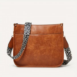 Leopard Print Straps Crossbody Bag, Solid Color Saddle Bag, Shoulder Zipper Bag For Work