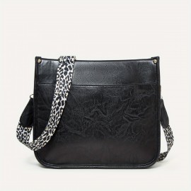 Leopard Print Straps Crossbody Bag, Solid Color Saddle Bag, Shoulder Zipper Bag For Work