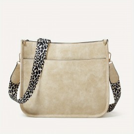 Leopard Print Straps Crossbody Bag, Solid Color Saddle Bag, Shoulder Zipper Bag For Work