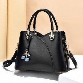 Elegant Solid Color Shoulder Bag, Classic All-Match Shoulder Bag With Cherry Pendant