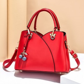 Elegant Solid Color Shoulder Bag, Classic All-Match Shoulder Bag With Cherry Pendant