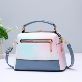 Ombre Square Handbag, Fashion Crossbody Bag With Multi Zipper, Women's Small PU Leather Purse