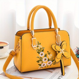 Elegant Floral Pattern Handbag, Women's Fashion Faux Leather Shoulder Bag, Trendy Double Handle Purse