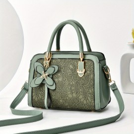 Elegant Floral Pattern Handbag, Women's Fashion Faux Leather Shoulder Bag, Trendy Double Handle Purse