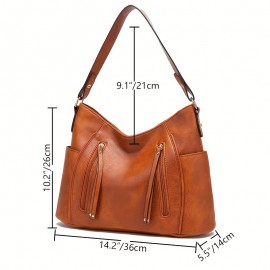 Large Capacity Retro Hobo Bag, Fashion Casual Solid Color Faux Leather Shoulder Bag With Adjustable Strap, Women's Simple Versatile Handbag & Underarm Bag