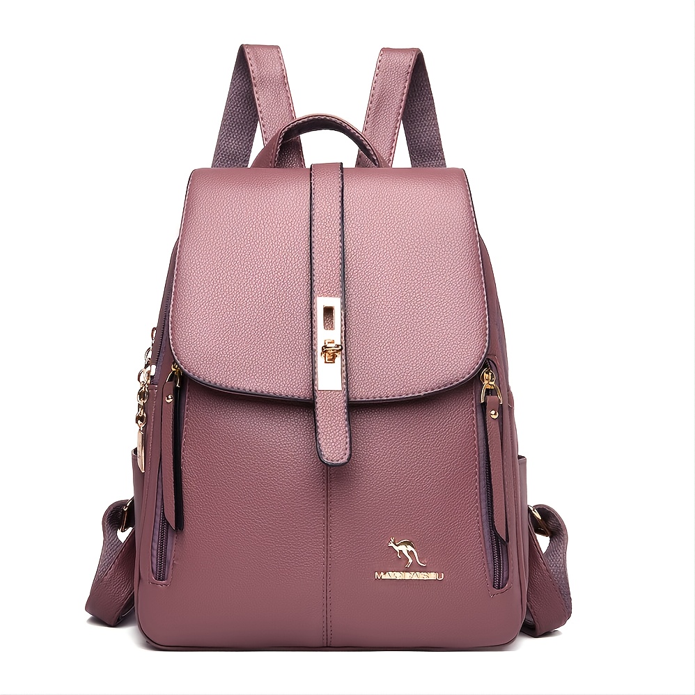 women large capacity backpack solid color buckle decor bag for outdoor travel details 7