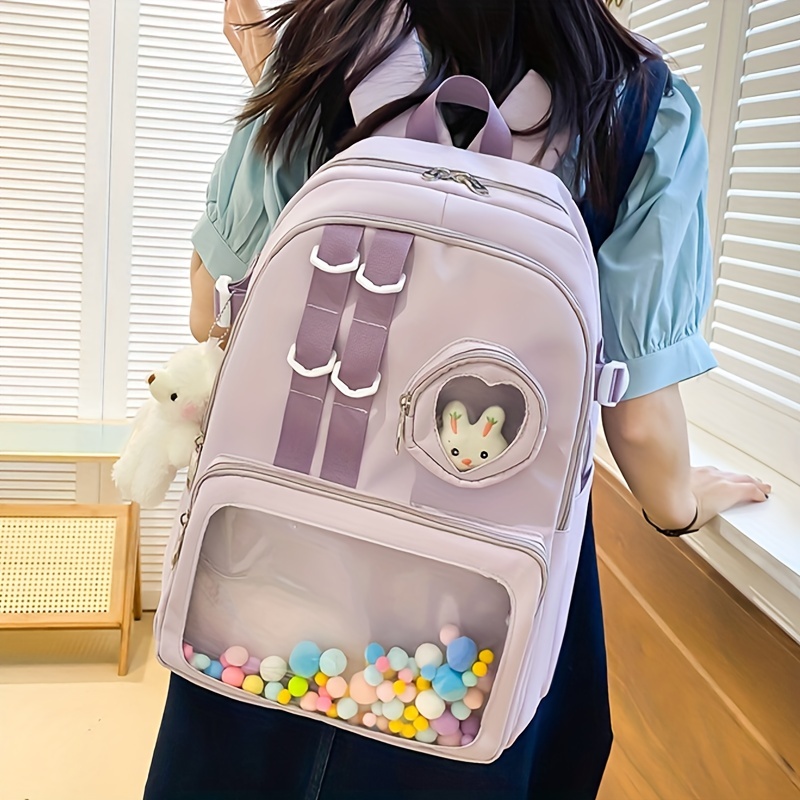 kawaii clear pocket school backpack back to school bookbag lightweight nylon aesthetic rucksack details 5