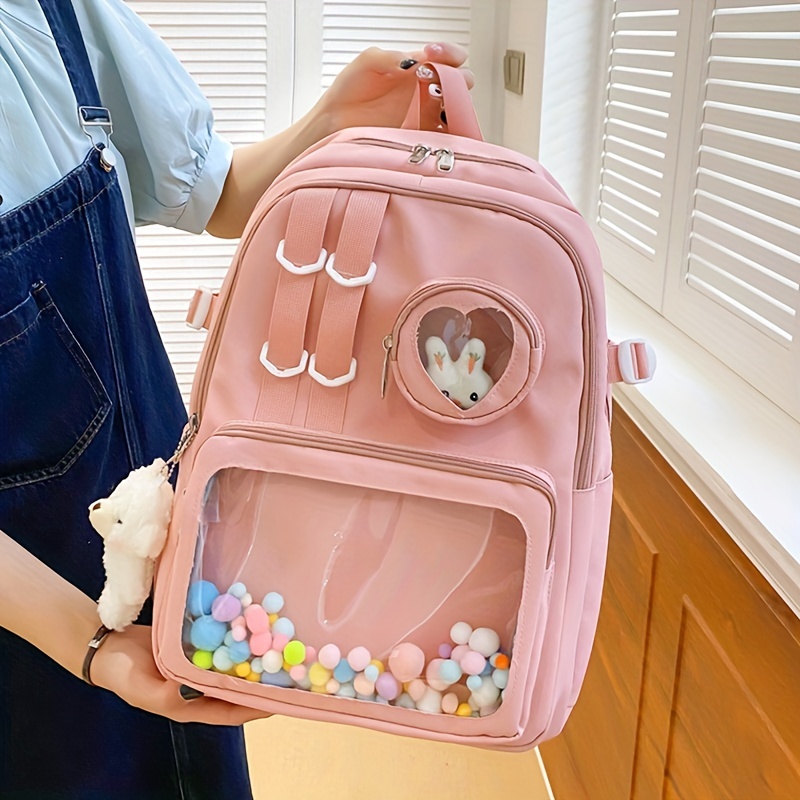 kawaii clear pocket school backpack back to school bookbag lightweight nylon aesthetic rucksack details 6