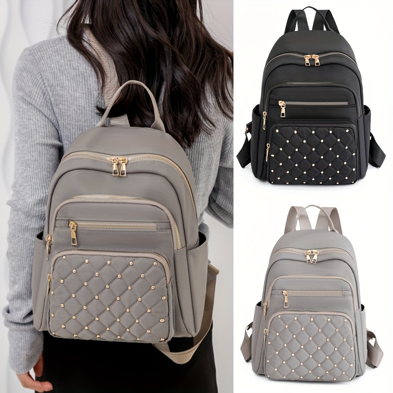 casual solid color backapck quilted rivets decor rucksack zipper womens travel rucksack details 1