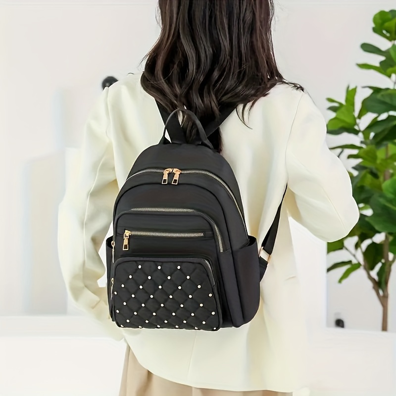 casual leisure backapck argyle pattern rivets decor travel daypack womens trendy backpack details 4