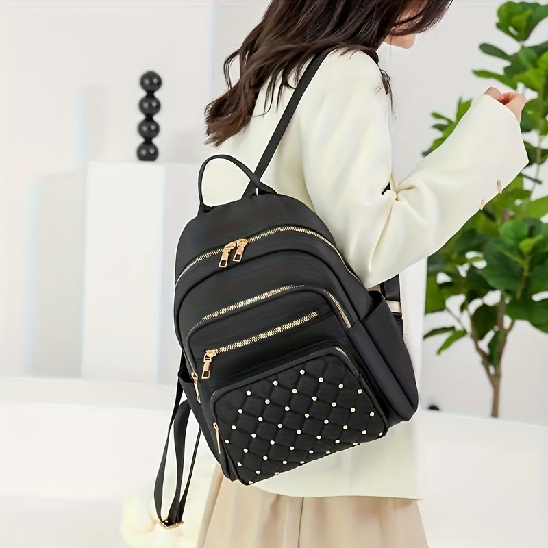 casual leisure backapck argyle pattern rivets decor travel daypack womens trendy backpack details 5