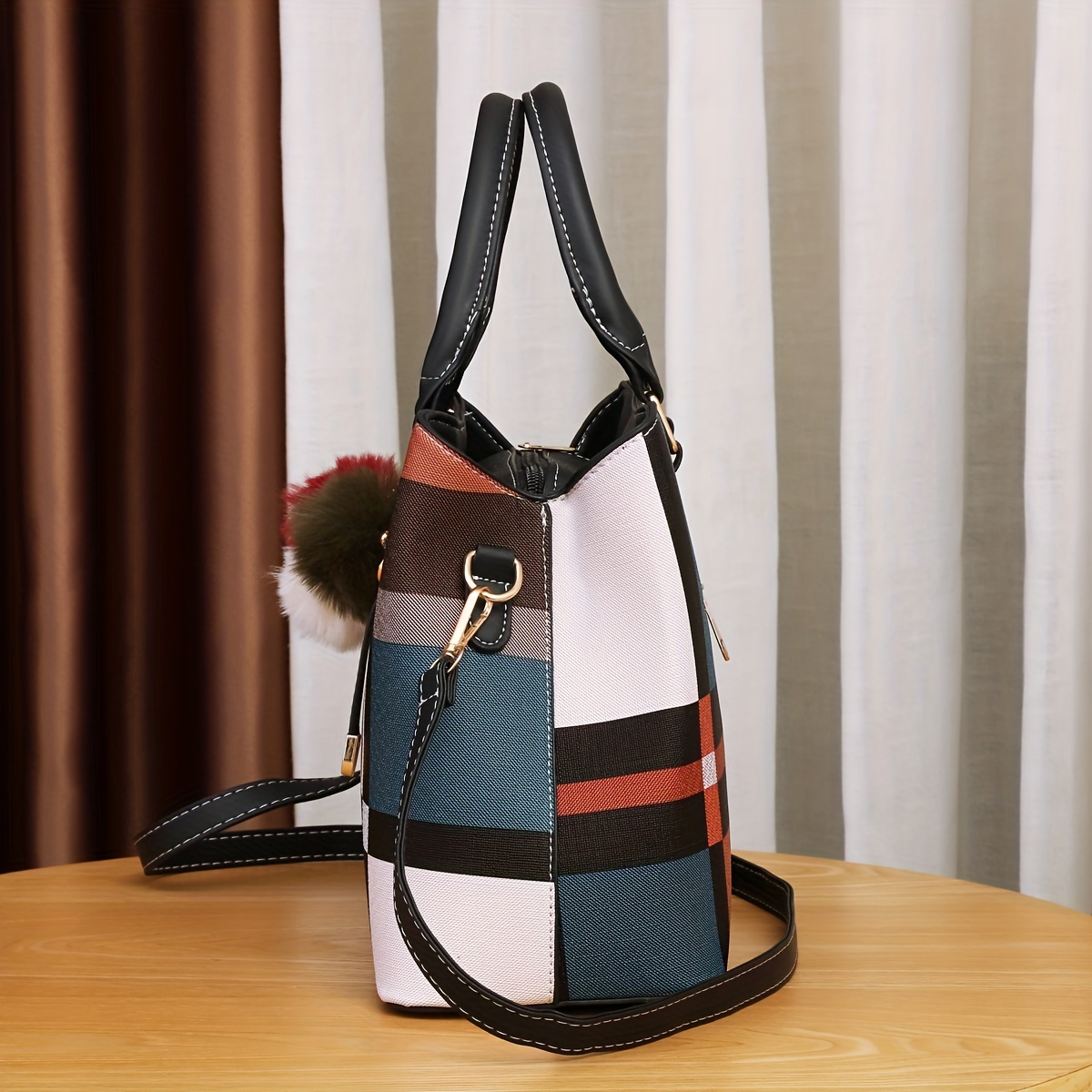 color stitching plaid crossbody bag pu leather textured bag purse classic versatile fashion shoulder bag details 0