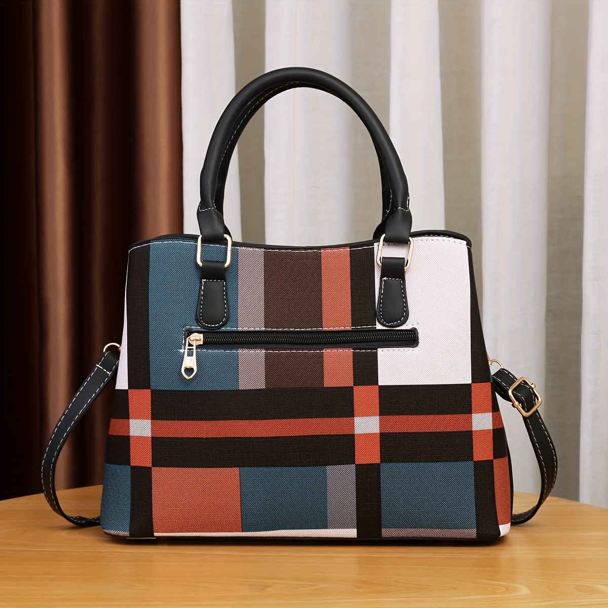 color stitching plaid crossbody bag pu leather textured bag purse classic versatile fashion shoulder bag details 7