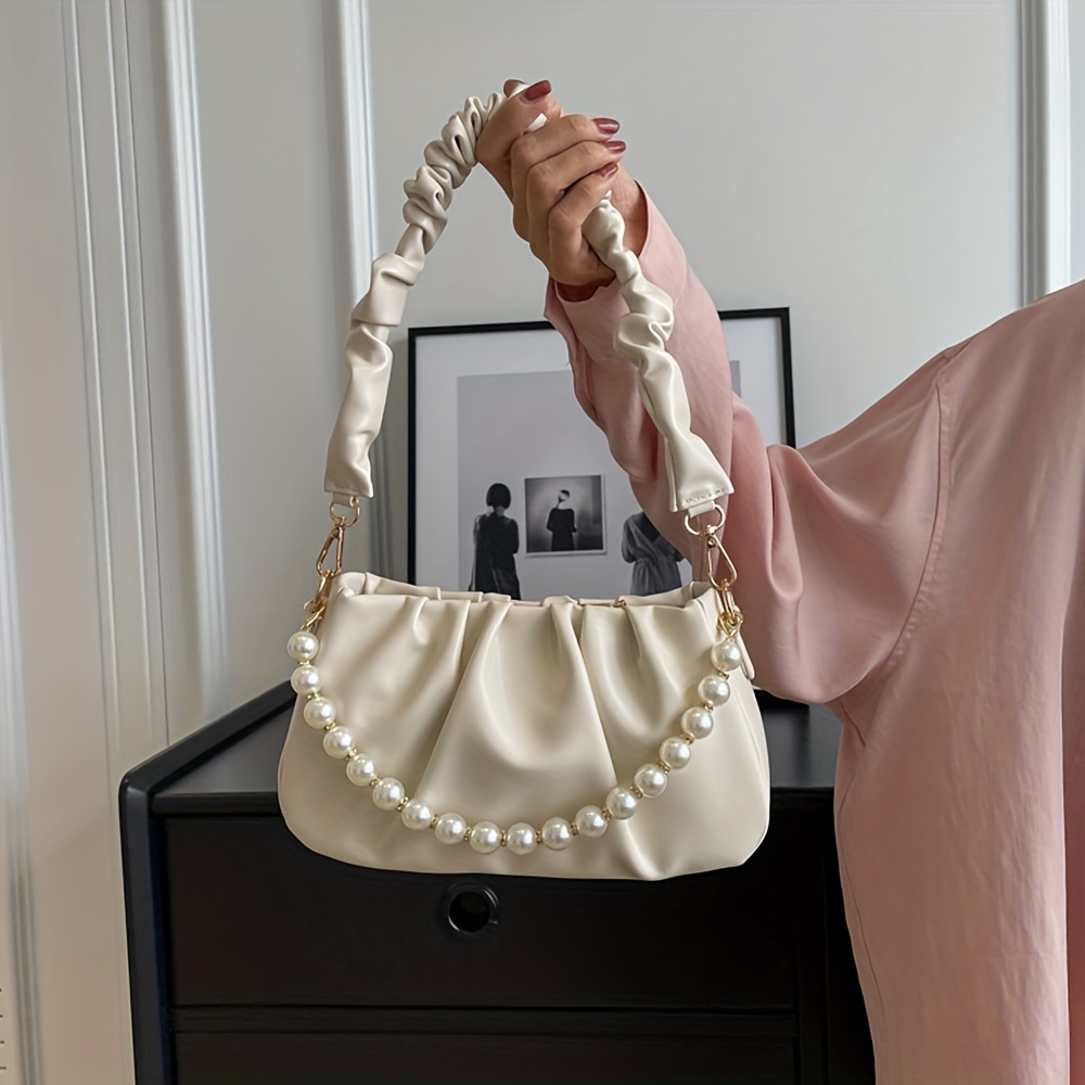 ruched white pearl chain decor underarm bag zipper soft pu leather handbag solid color versatile shoulder bag details 1