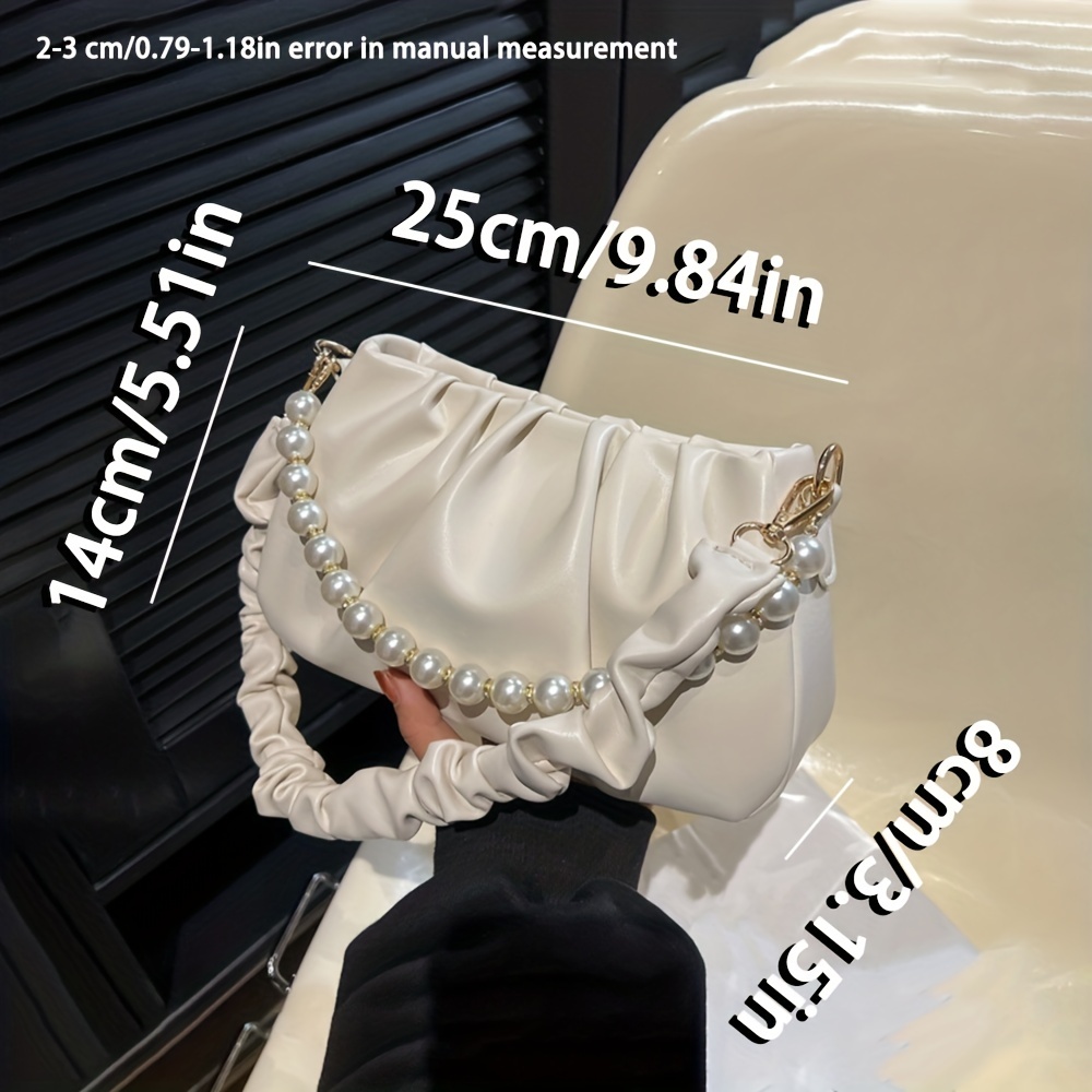 ruched white pearl chain decor underarm bag zipper soft pu leather handbag solid color versatile shoulder bag details 2