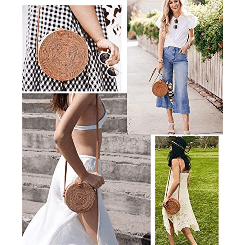 small round straw bag womens simple casual crossbody bag versatile straw shoulder bag details 4