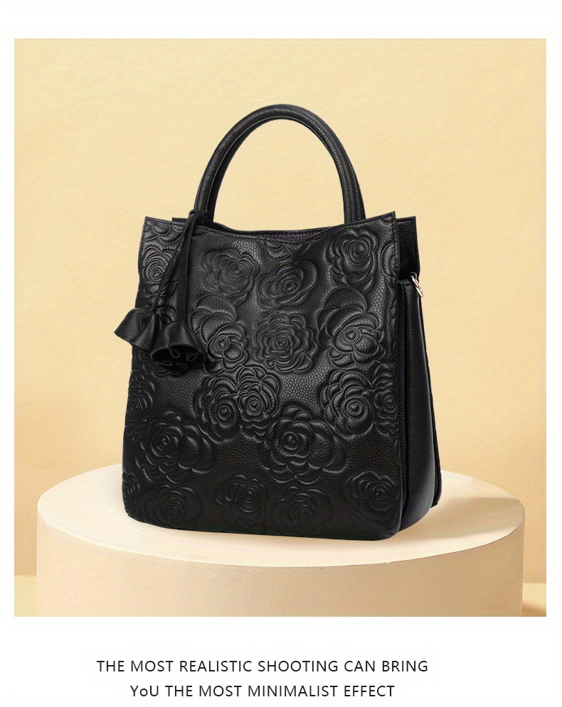 luxury flower embossed handbag fashion genuine leather tote bag womens top handle purse details 2