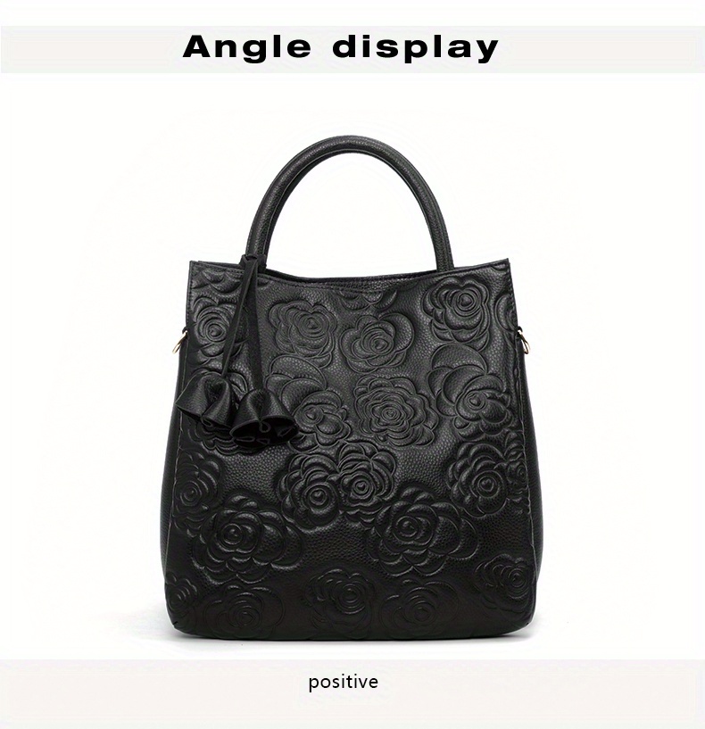 luxury flower embossed handbag fashion genuine leather tote bag womens top handle purse details 8