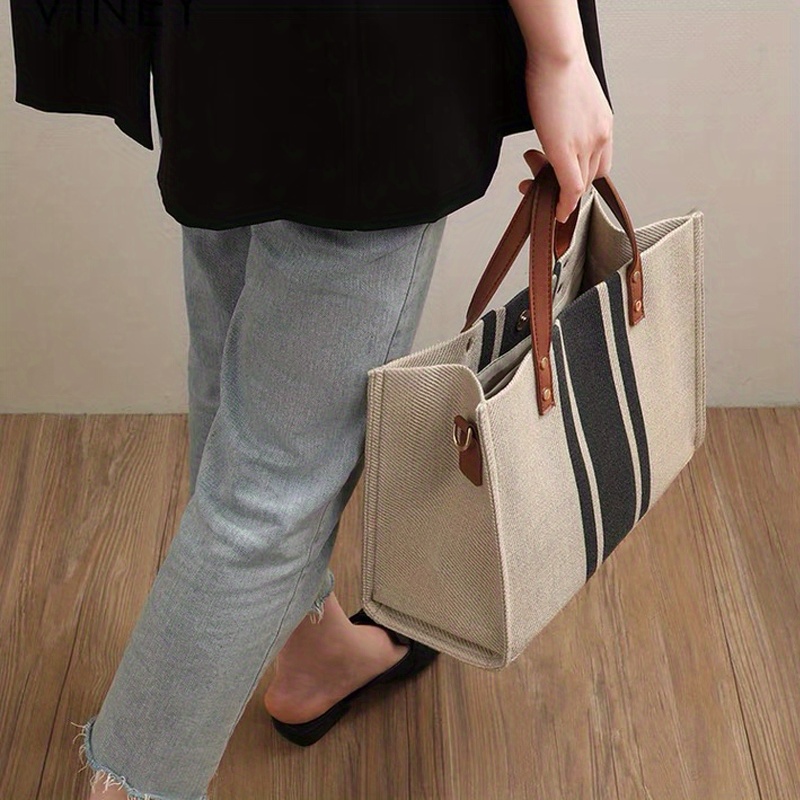 striped canvas tote bag simple large capacity briefcase womens work shoulder bag details 4