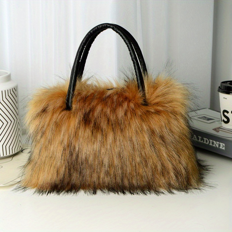 luxury faux fur tote bag, luxury faux fur tote bag y2k plush shoulder bag womens fashion furry handbag purse details 5