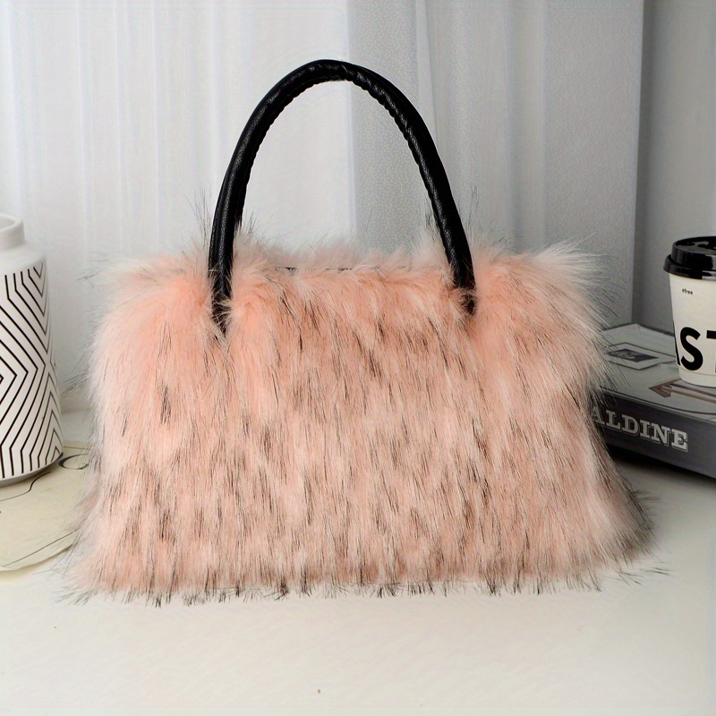 luxury faux fur tote bag, luxury faux fur tote bag y2k plush shoulder bag womens fashion furry handbag purse details 6