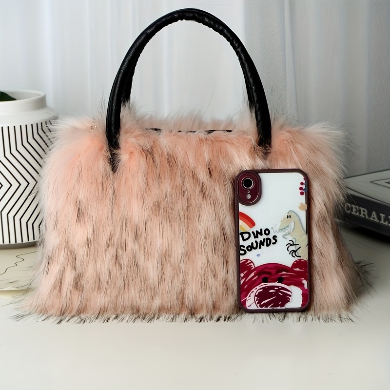 luxury faux fur tote bag, luxury faux fur tote bag y2k plush shoulder bag womens fashion furry handbag purse details 11