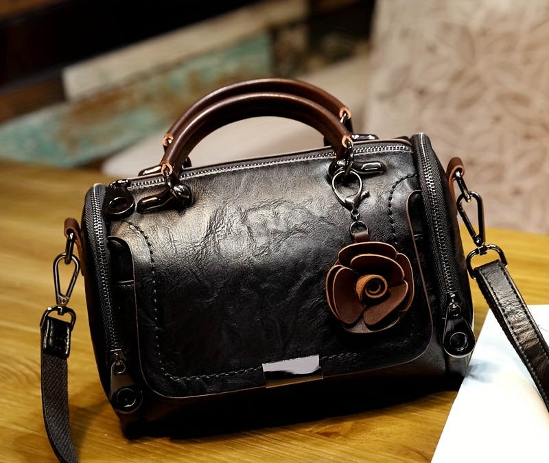 vintage top handle boston bag retro genuine leather crossbody bag womens classic handbag shoulder bag purse details 4