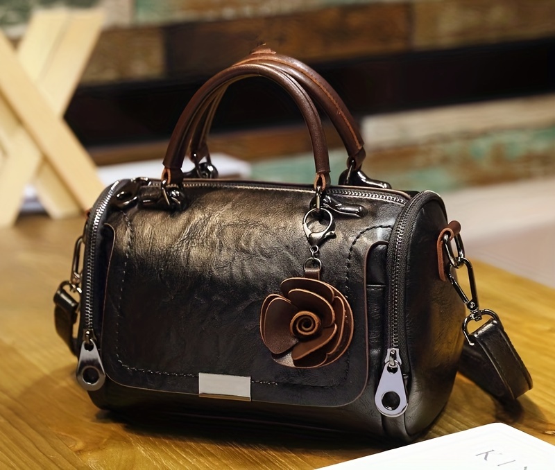 vintage top handle boston bag retro genuine leather crossbody bag womens classic handbag shoulder bag purse details 5