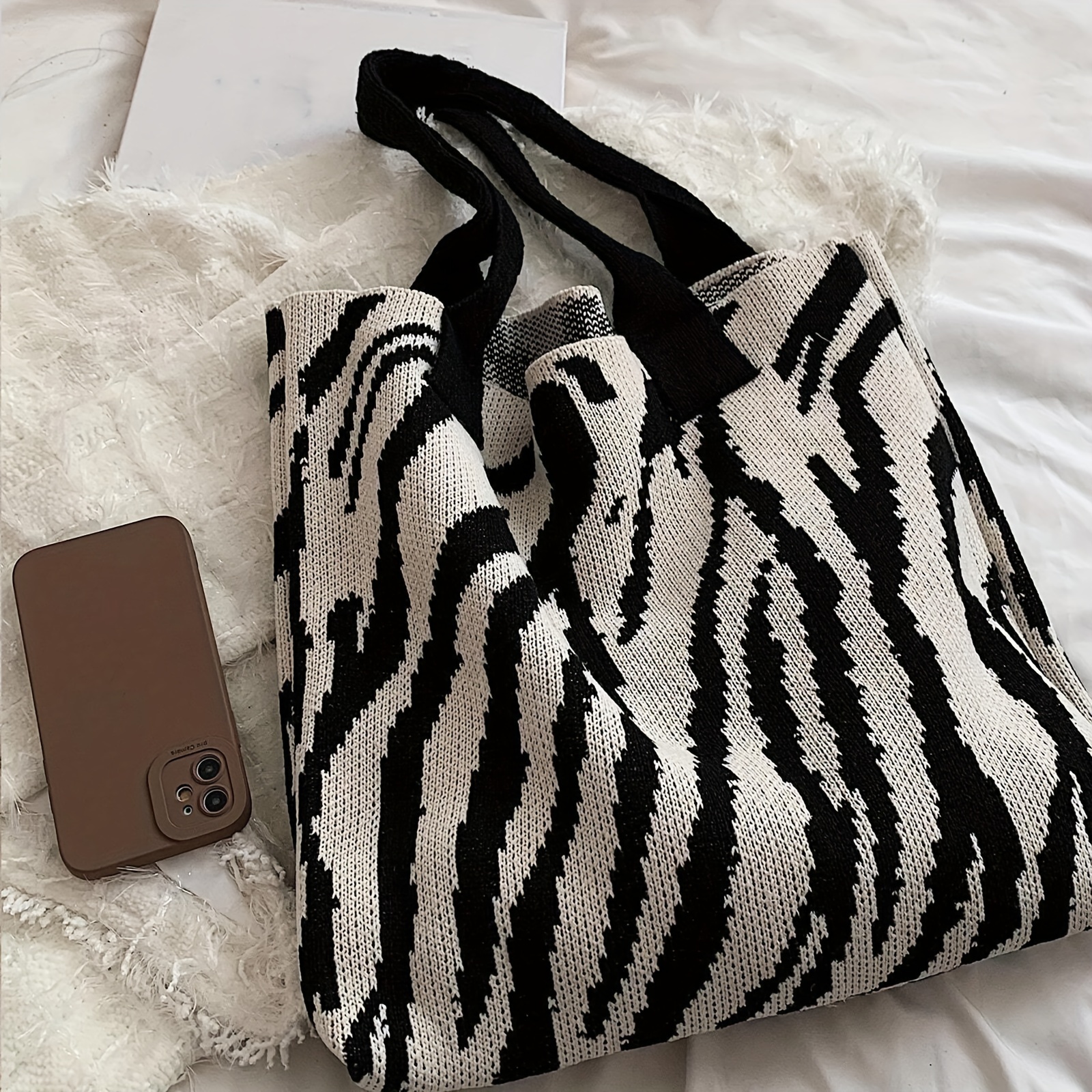 fashion knitted tote bag zebra pattern shoulder bag womens casual handbag hobo purse details 4