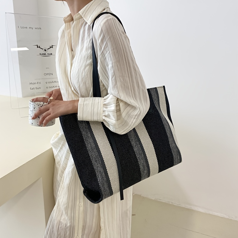 stripe pattern canvas tote bag womens large capacity shoulder bag casual handbag for work school details 5