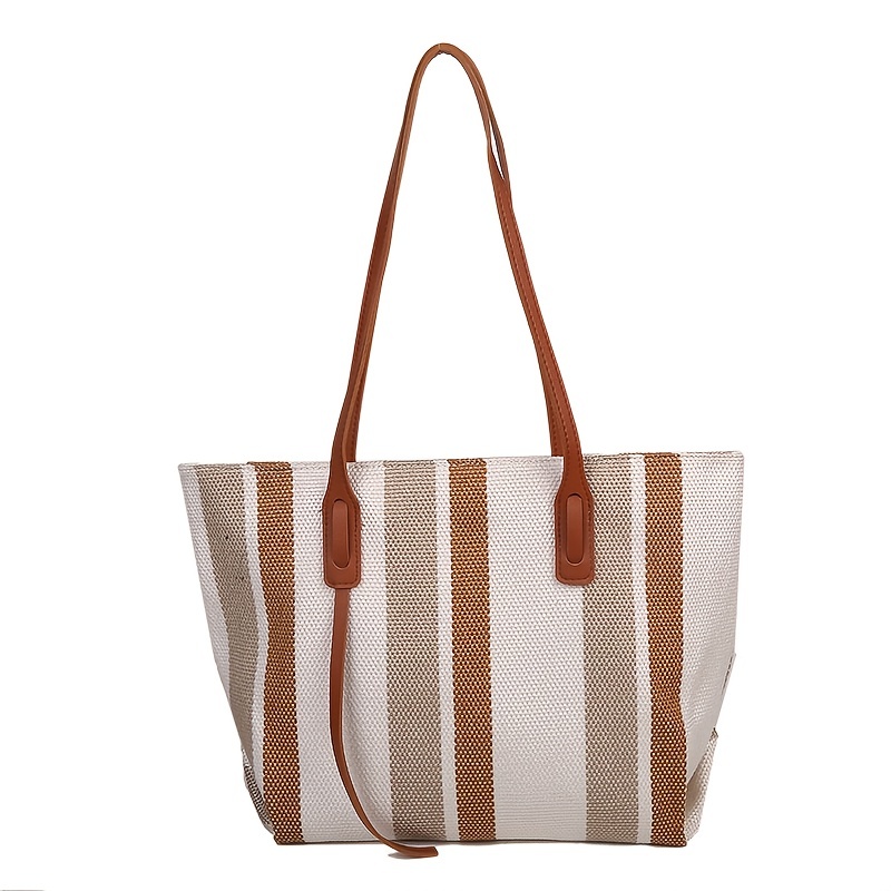 stripe pattern canvas tote bag womens large capacity shoulder bag casual handbag for work school details 9