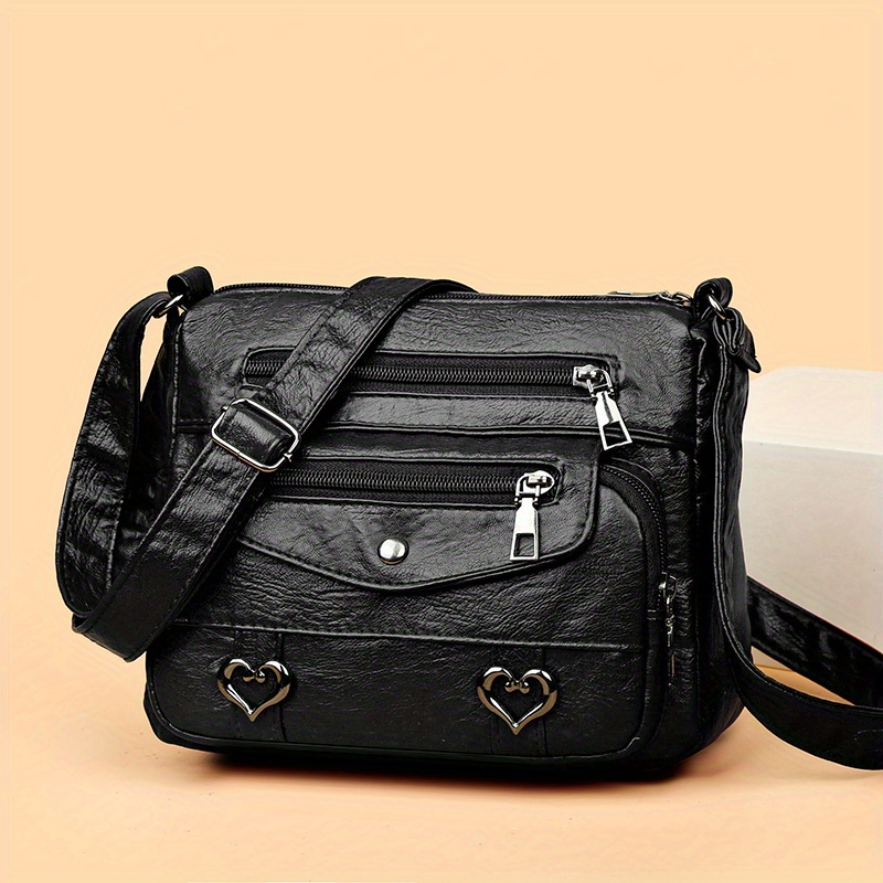 retro multi pockets crossbody bag soft faux leather shoulder bag heart decor purse for women details 3