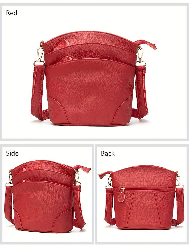 women genuine leather crossbody bag retro style solid color bucket bag multi pockets shoulder purse details 6