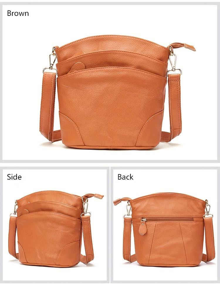 women genuine leather crossbody bag retro style solid color bucket bag multi pockets shoulder purse details 7