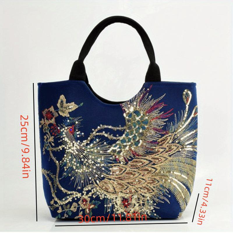 ethnic style sequins tote bag peacock embroidery handbags vintage canvas crossbody bag details 0