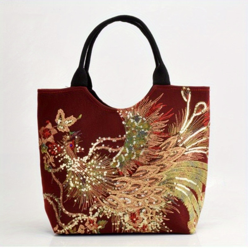 ethnic style sequins tote bag peacock embroidery handbags vintage canvas crossbody bag details 1