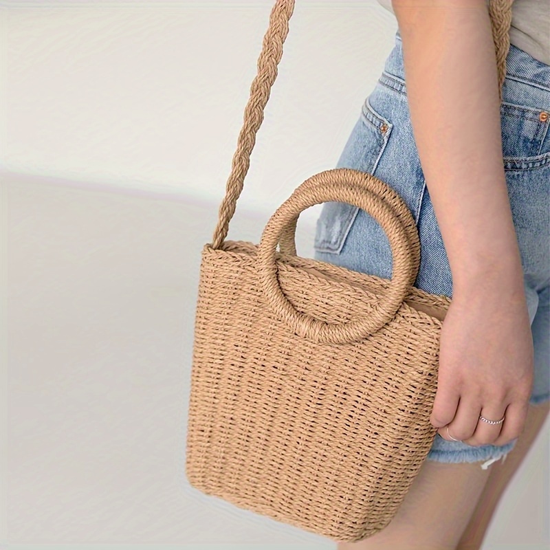 Minimalist Summer Vacation Straw Bucket Bag, Bohemian Fashion Circle Handle Women s Beach Handbag details 0