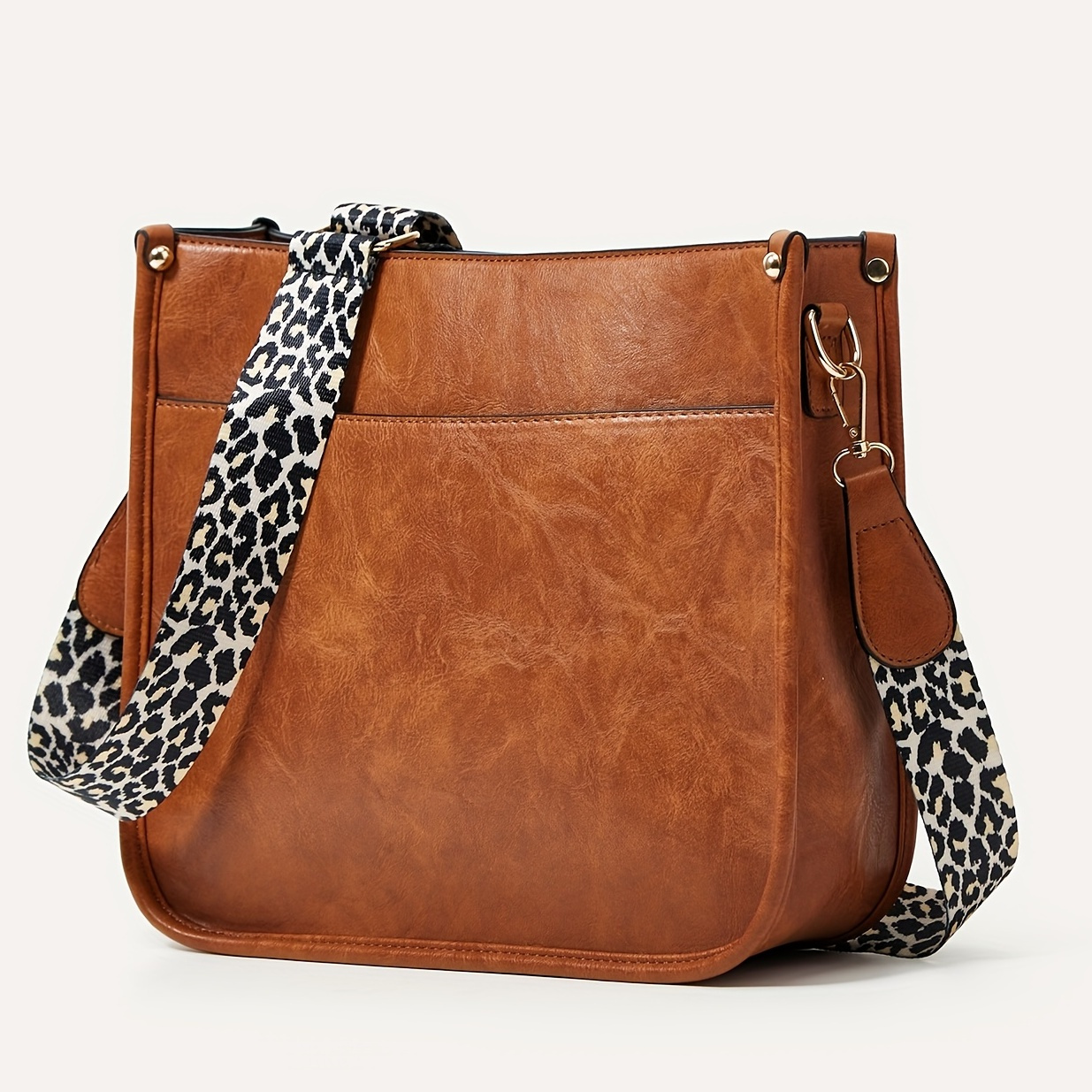 leopard print straps crossbody bag solid color saddle bag shoulder zipper bag for work details 0