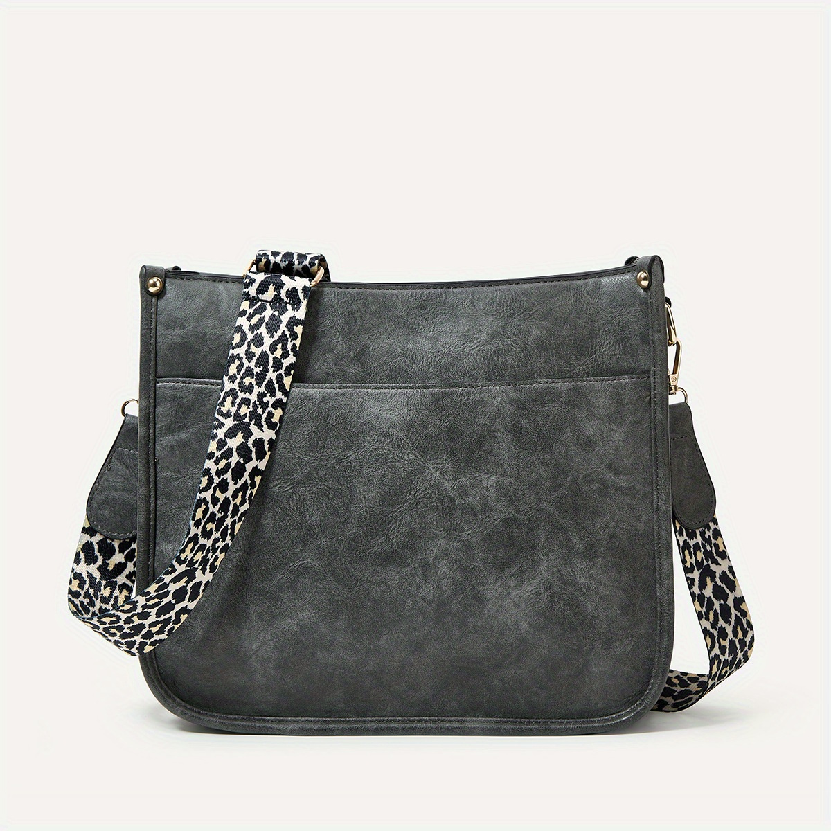 leopard print straps crossbody bag solid color saddle bag shoulder zipper bag for work details 3