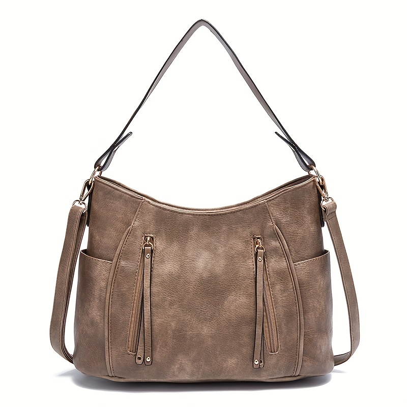 large capacity retro hobo bag fashion casual solid color faux leather shoulder bag with adjustable strap womens simple versatile handbag underarm bag details 5